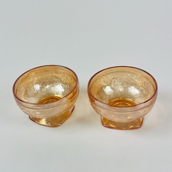 Vintage 2 Carnival Glass Orange Lusterware Sherbet Dish Footed Pedestal Glasses - Picture 2 of 7